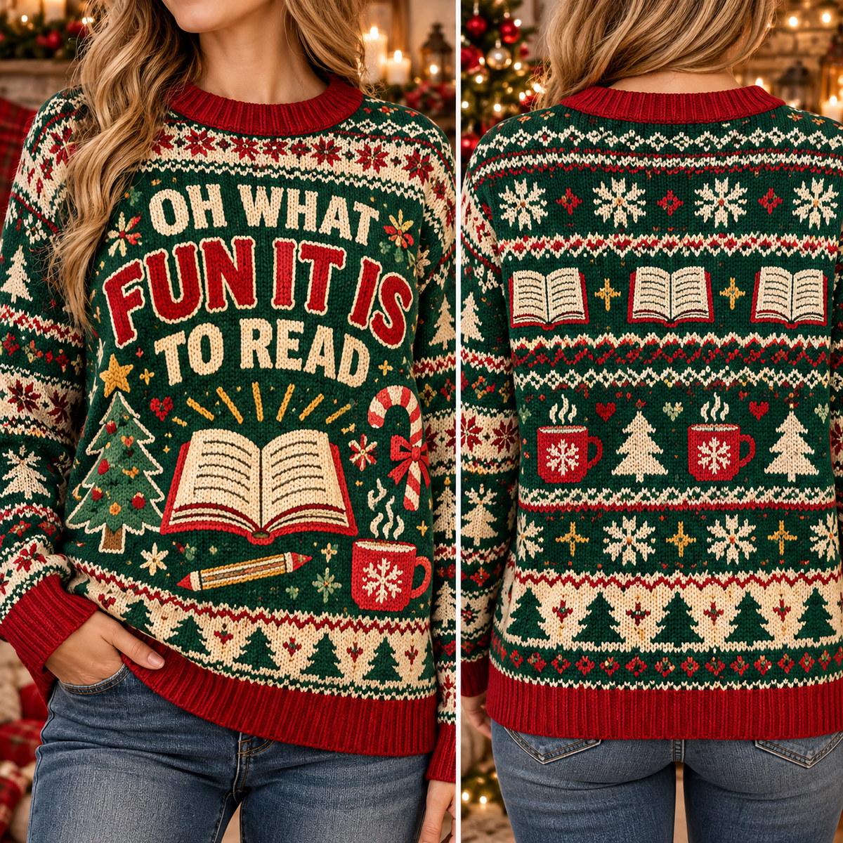 Reading Teacher Ugly Christmas Sweater, Cute Bookish Holiday Pullover
