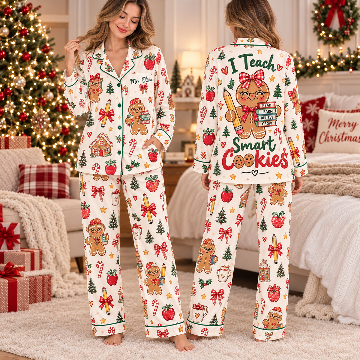Personalized Teacher Christmas Pajamas, Sweet Educator Holiday Gift Set