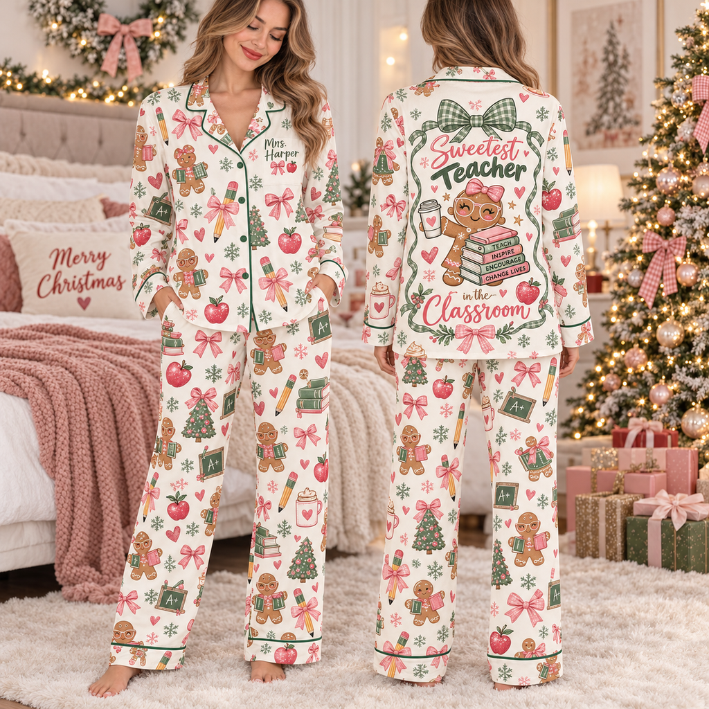 Personalized Gingerbread Teacher Christmas Pajama Set, Cozy Loungewear