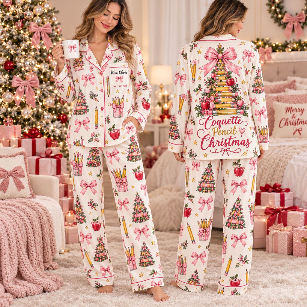 Personalized Coquette Teacher Christmas Pajamas, Sweet Educator Gift Set