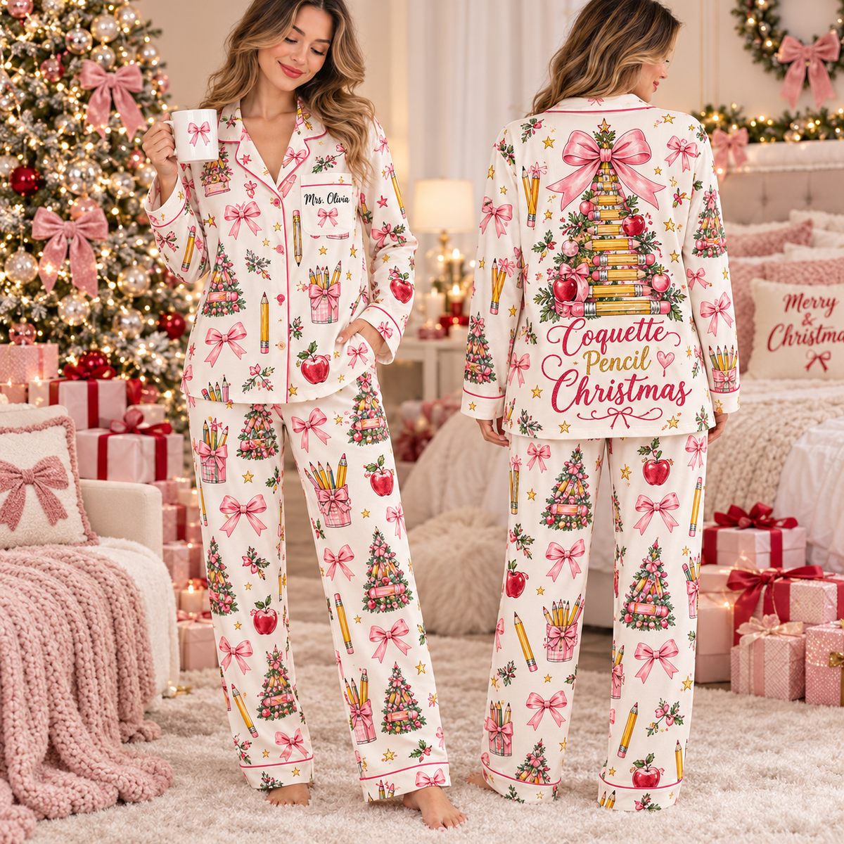 Personalized Coquette Teacher Christmas Pajamas, Sweet Educator Gift Set