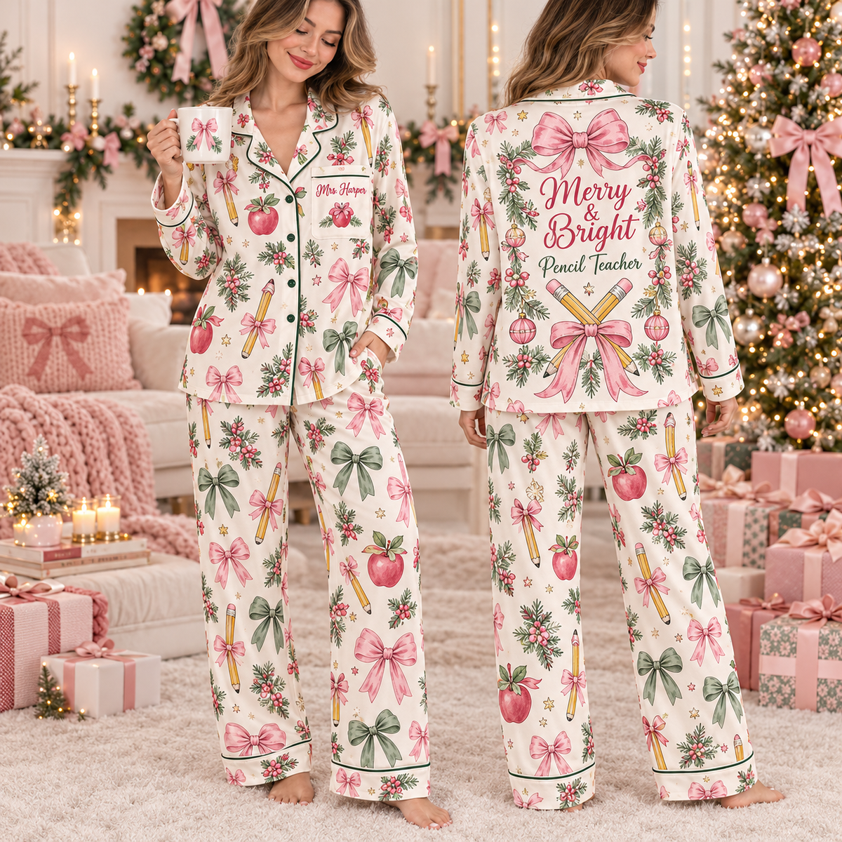 Personalized Teacher Christmas Pajama Set, Sweet Pencil Ribbon Loungewear
