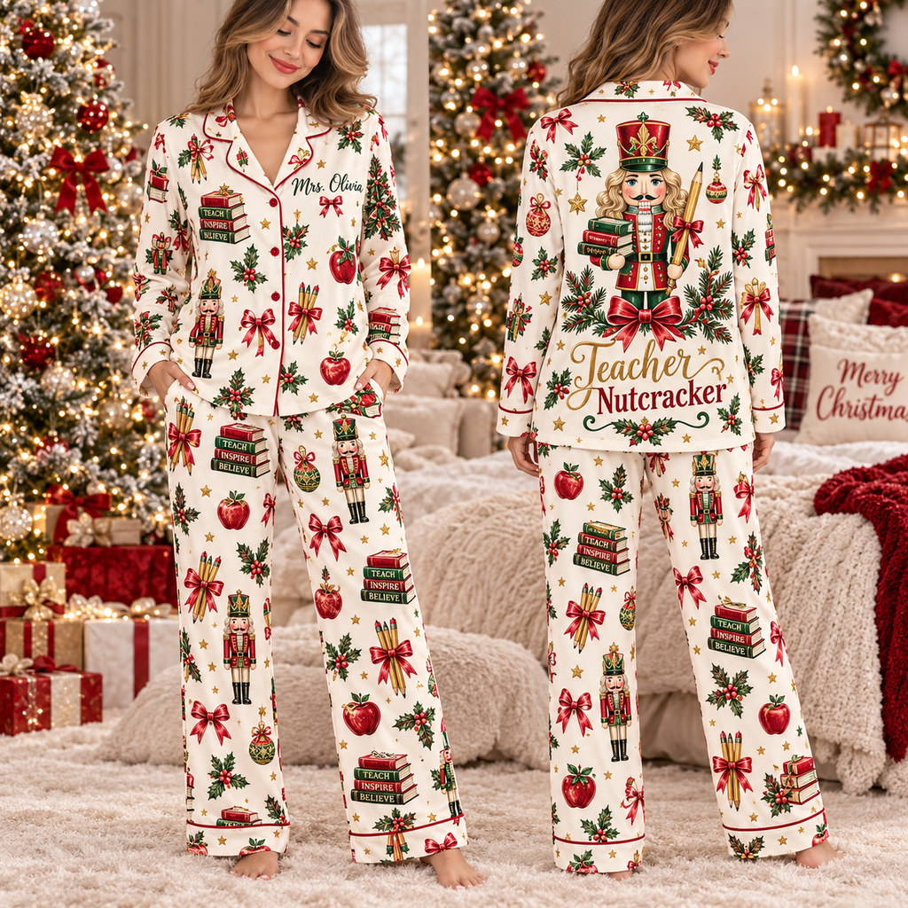 Personalized Teacher Nutcracker Christmas Pajamas, Sweet Educator Gift Set