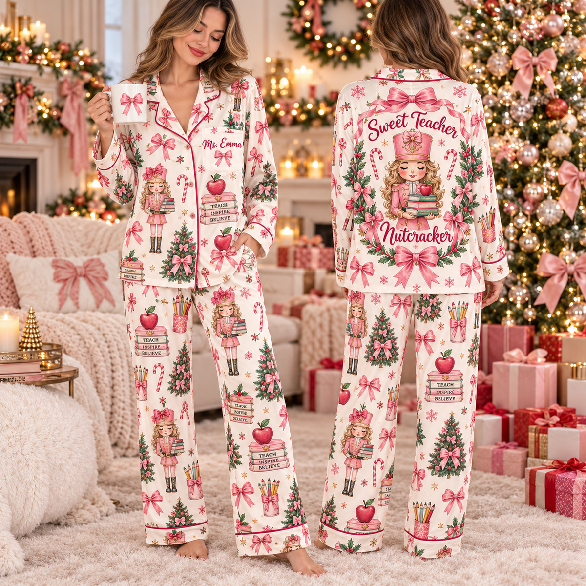 Personalized Teacher Christmas Pajama Set, Nutcracker Holiday Loungewear