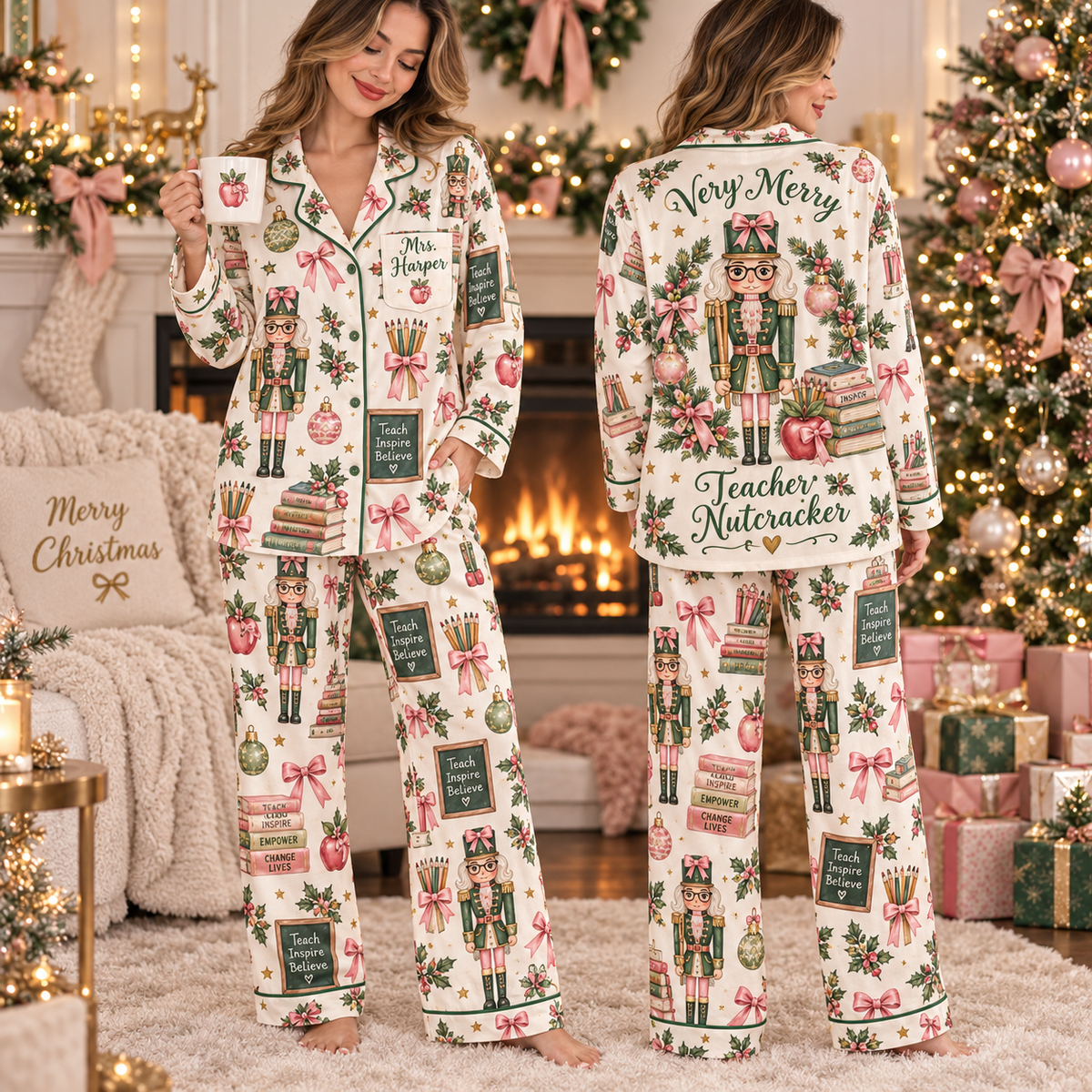Personalized Merry Teacher Nutcracker Pajamas, Cozy Educator Holiday Gift
