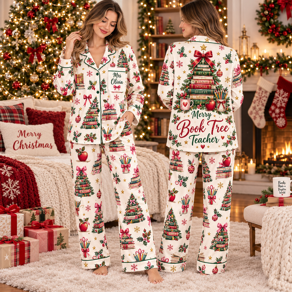 Personalized Teacher Christmas Pajamas, Sweet Book Tree Educator Holiday Gift