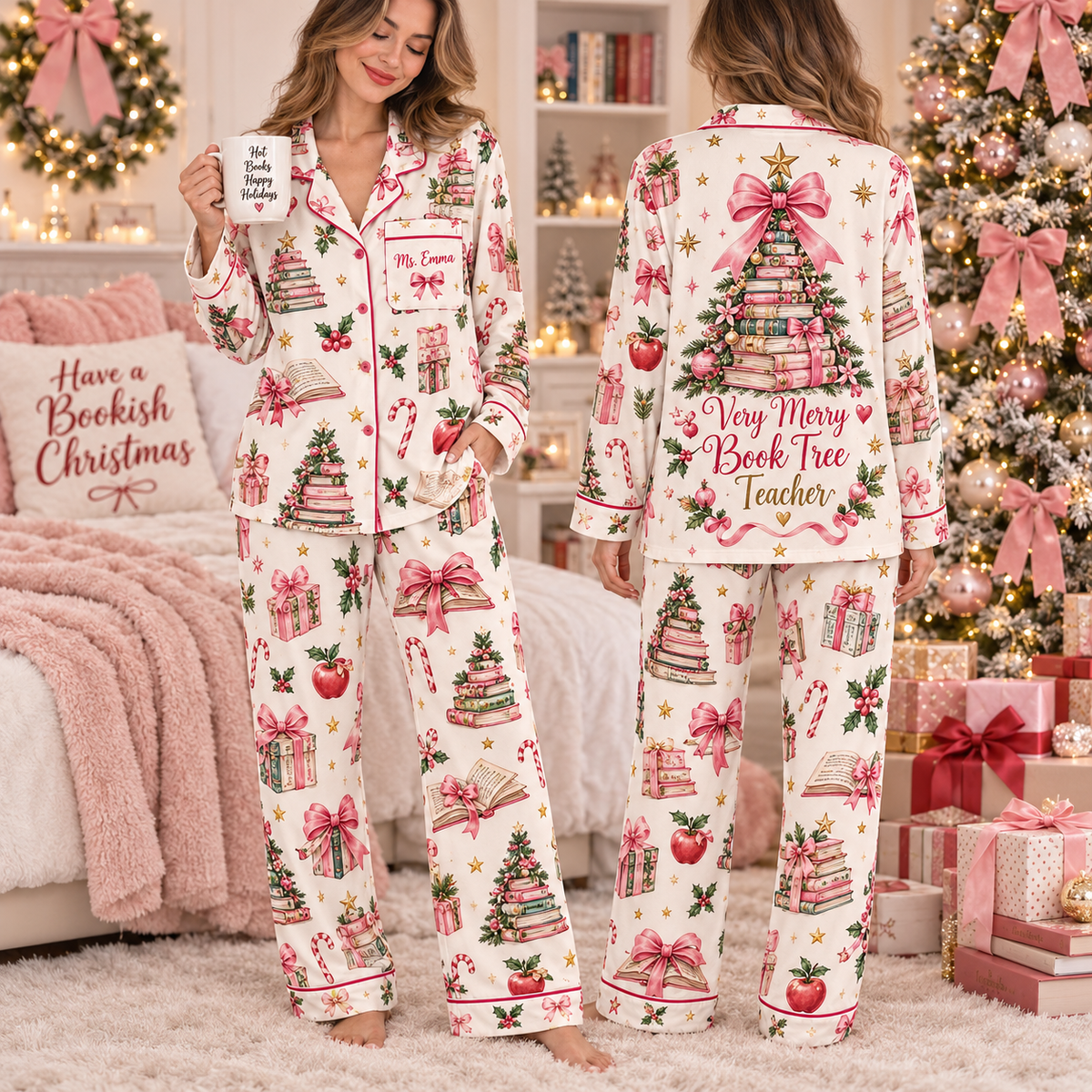 Personalized Teacher Christmas Pajama Set, Book Tree Holiday Loungewear