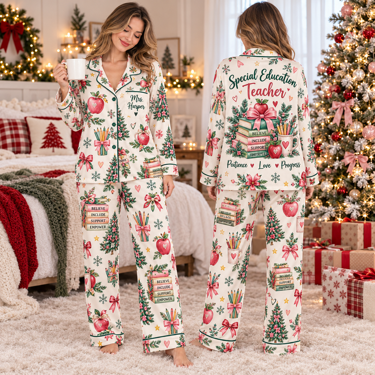 Personalized Teacher Christmas Pajama Set, SPED Tree Holiday Loungewear