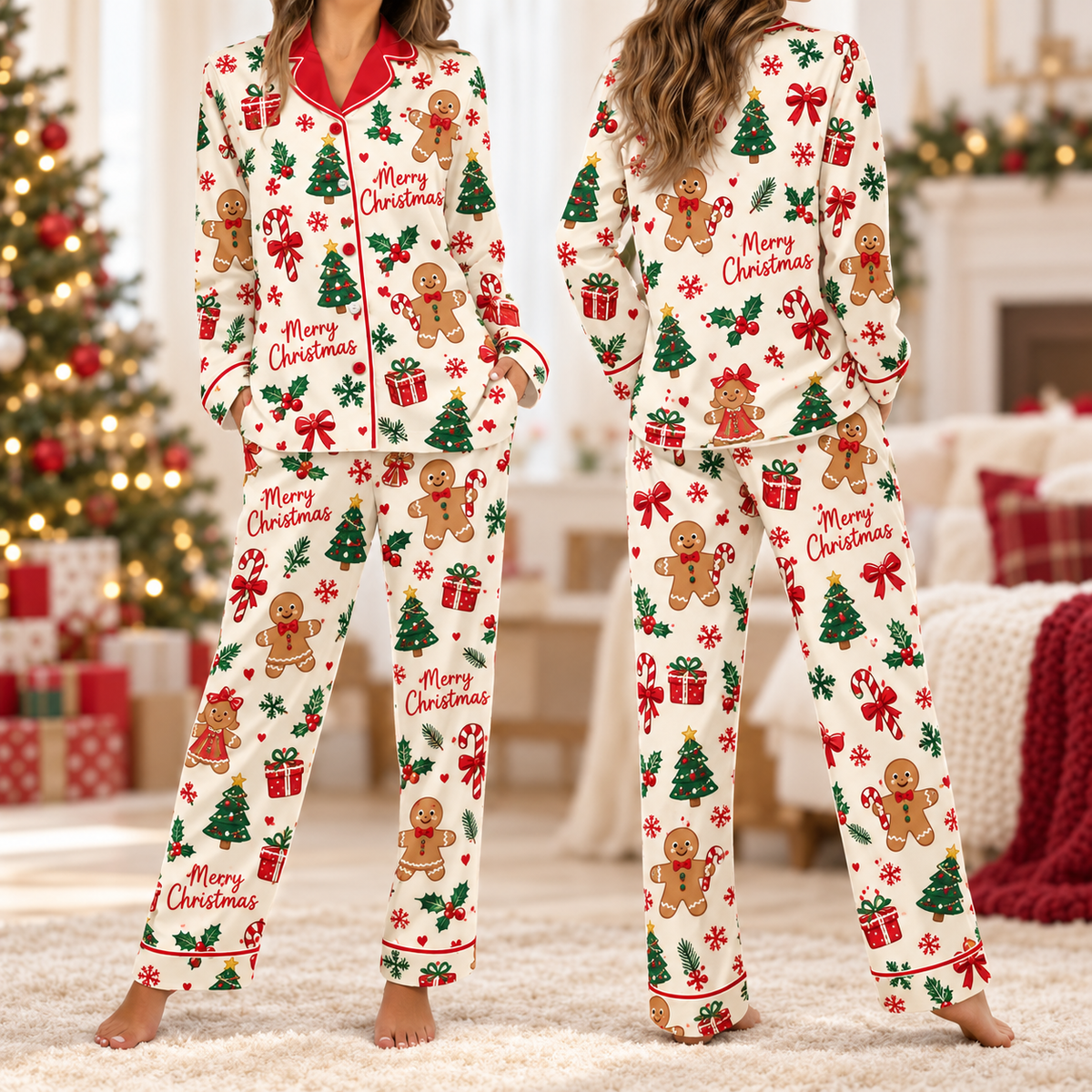 Personalized Family Christmas Pajamas, Sweet Gingerbread Holiday Lounge Set