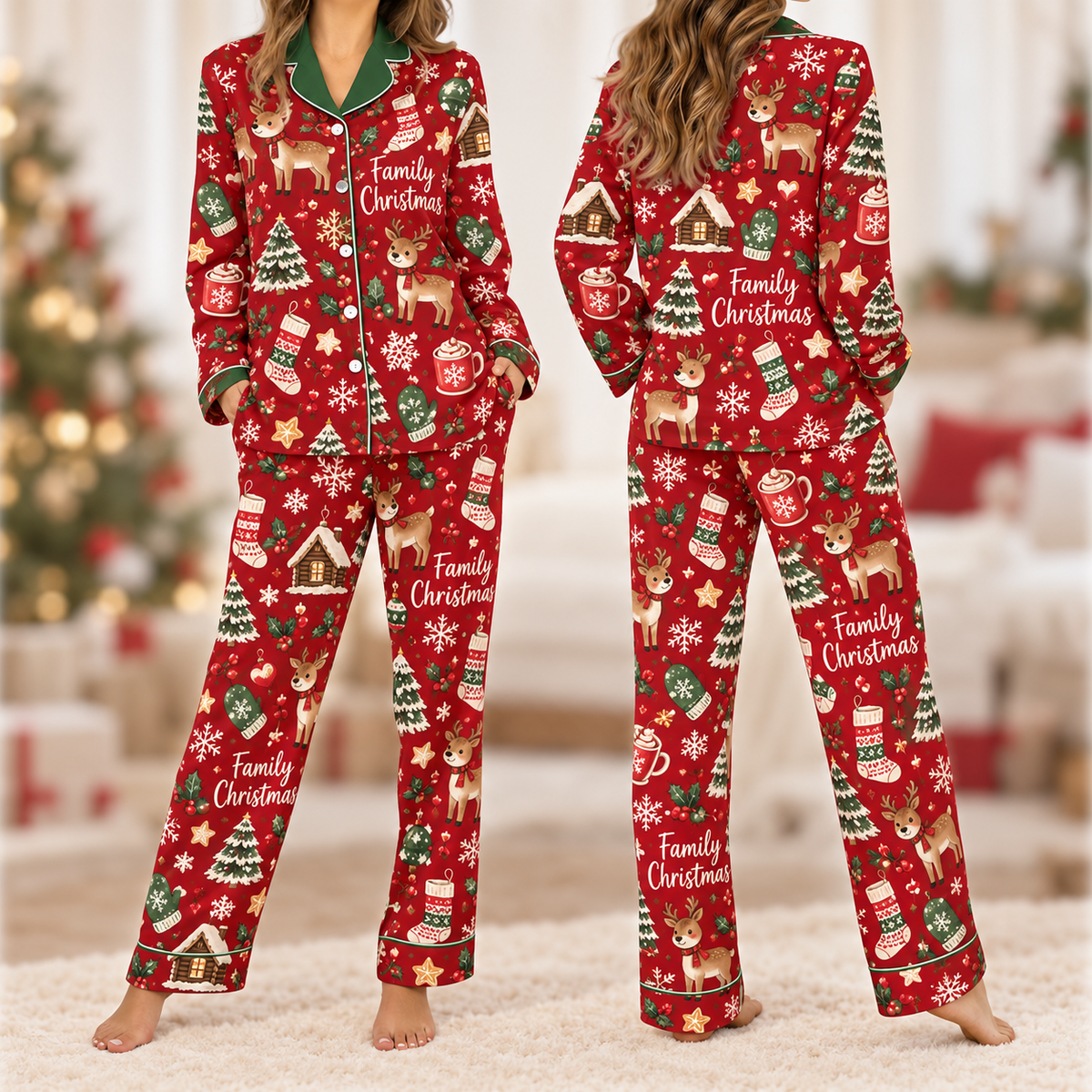 Matching Family Christmas Pajamas, Red Reindeer Holiday Sleepwear Set