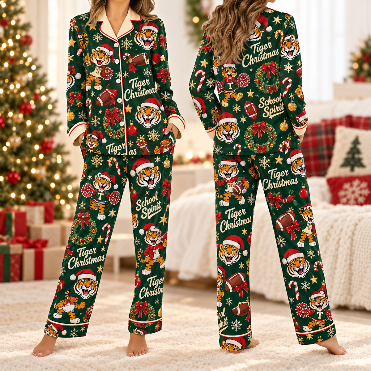 Matching Mascot Christmas Pajamas, Custom School Spirit Holiday Satin Sleepwear