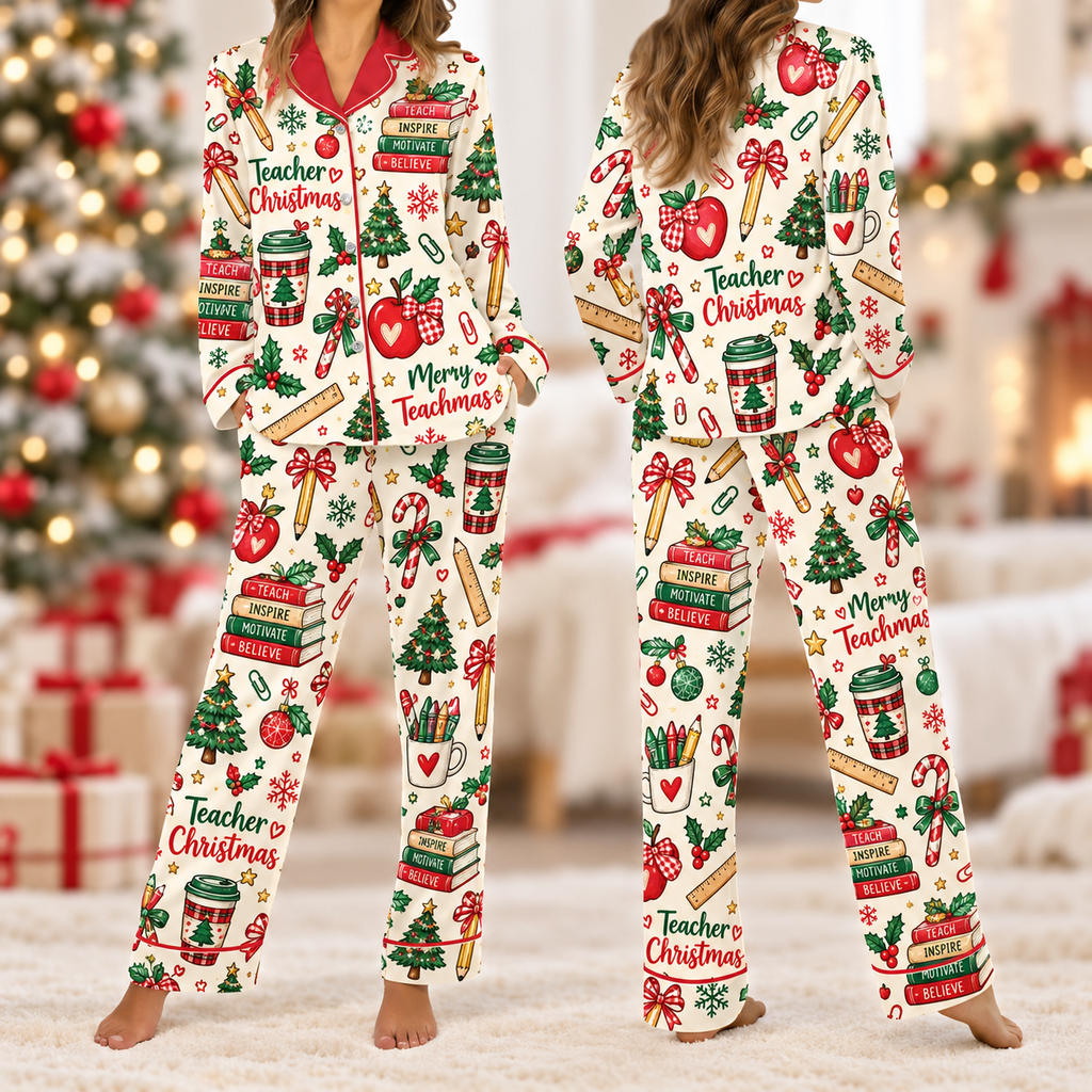 Classic Teacher Christmas Pajamas, Merry Teachmas Satin Lounge Set