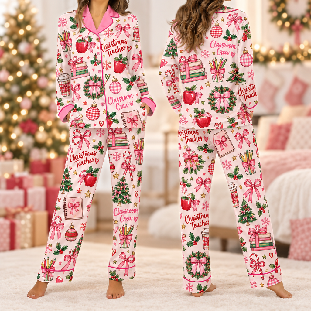 Educator Christmas Pajama Set, Merry Teachmas Books & Trees Satin Loungewear