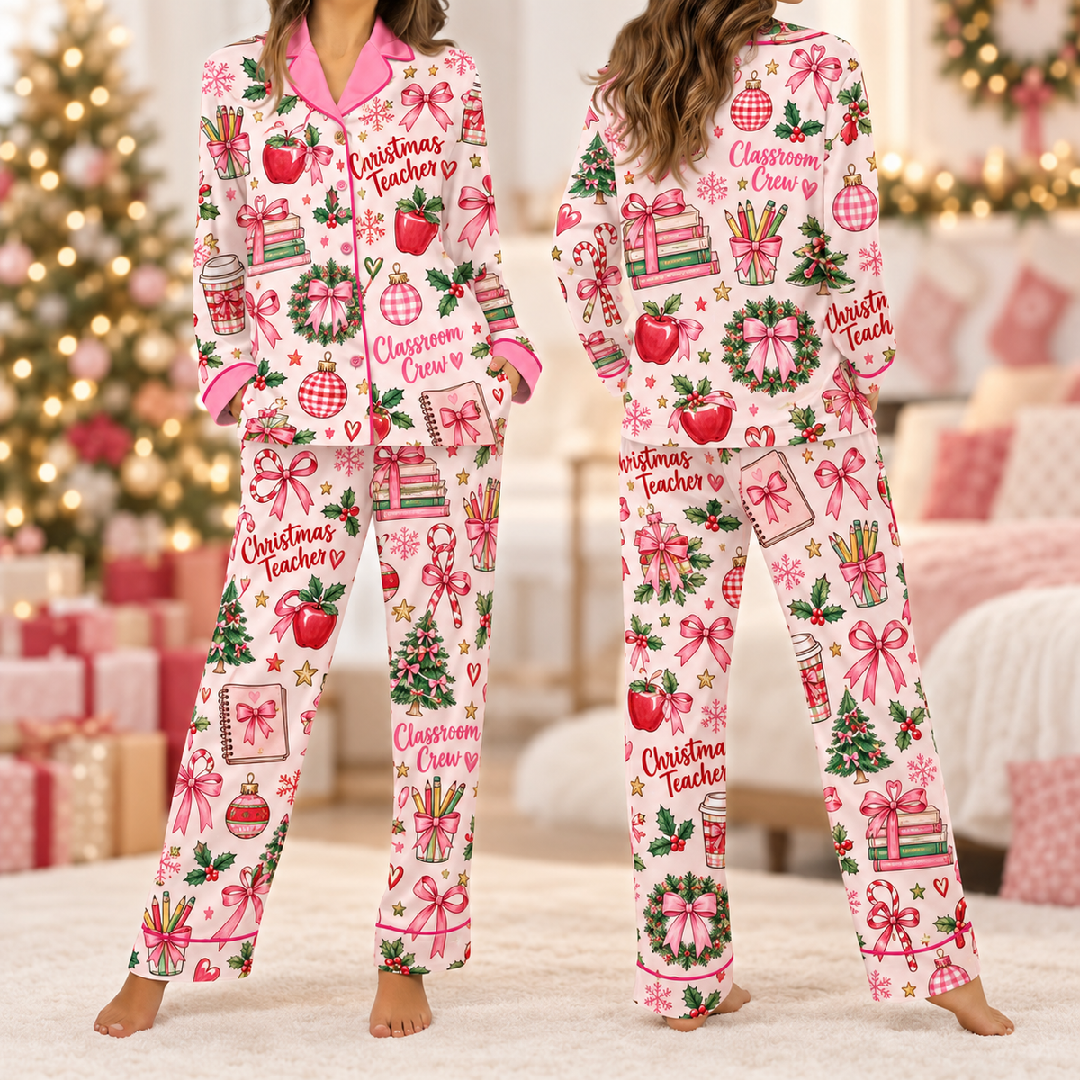Educator Christmas Pajama Set, Merry Teachmas Books & Trees Satin Loungewear
