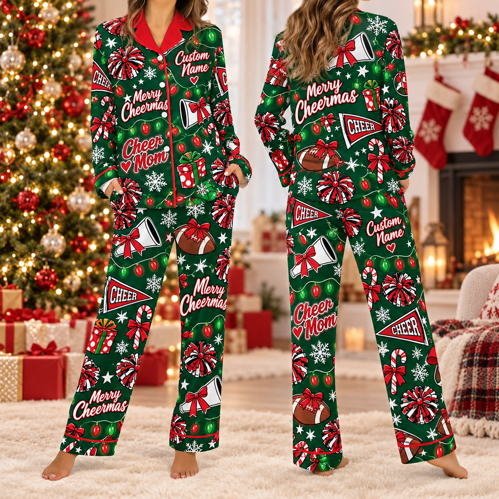 Custom Cheer Mom Christmas Pajamas, Matching Holiday Cheerleader Satin Set
