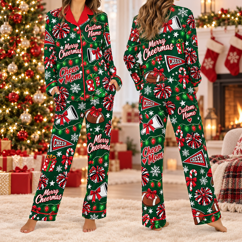 Custom Cheer Mom Christmas Pajamas, Matching Holiday Cheerleader Satin Set