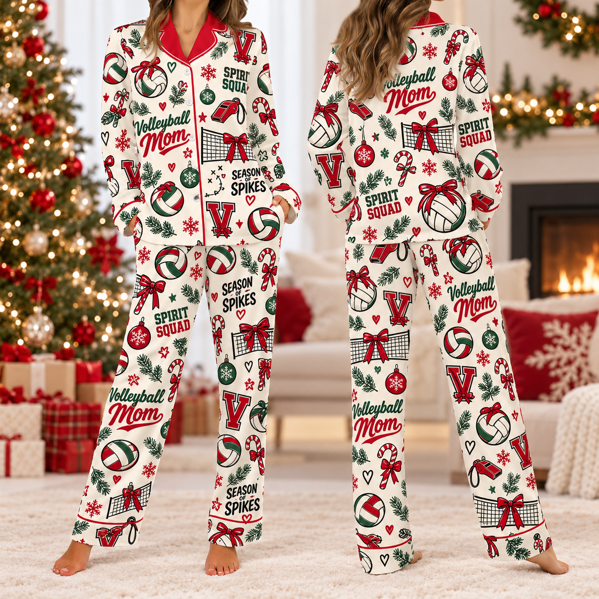 Volleyball Mom Christmas Pajamas, Matching School Spirit Holiday Satin Set