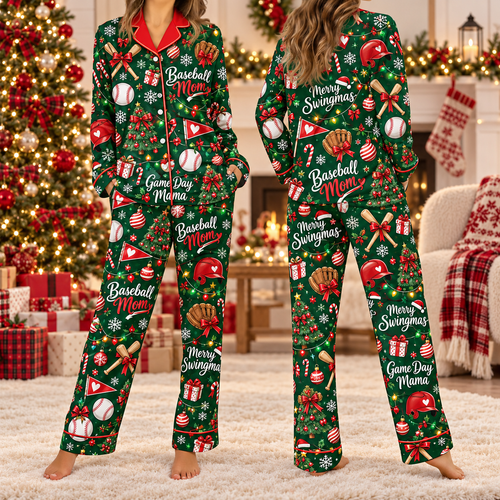Classic Baseball Mom Christmas Pajamas, Merry Swingmas Game Day Satin Set