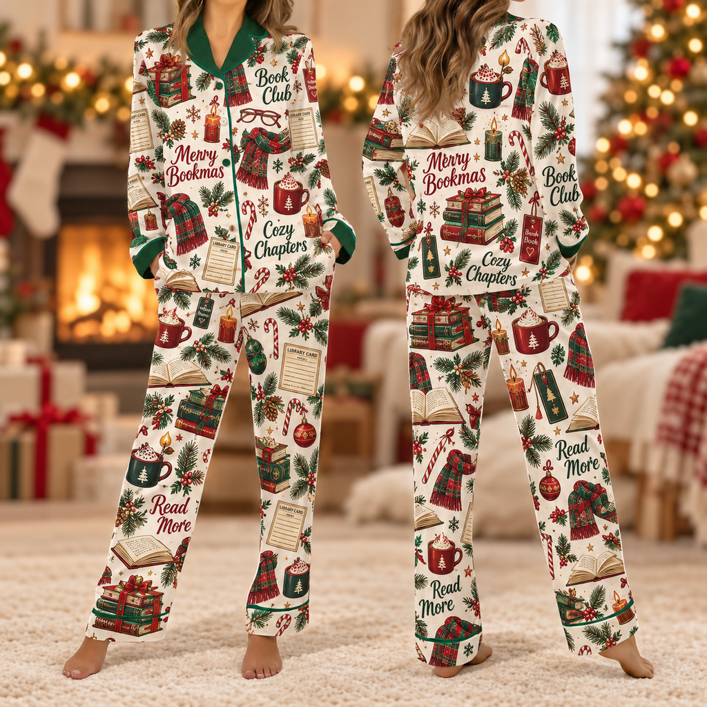 Teacher Winter Reading Pajamas, Merry Chapters Campus Satin Lounge Set