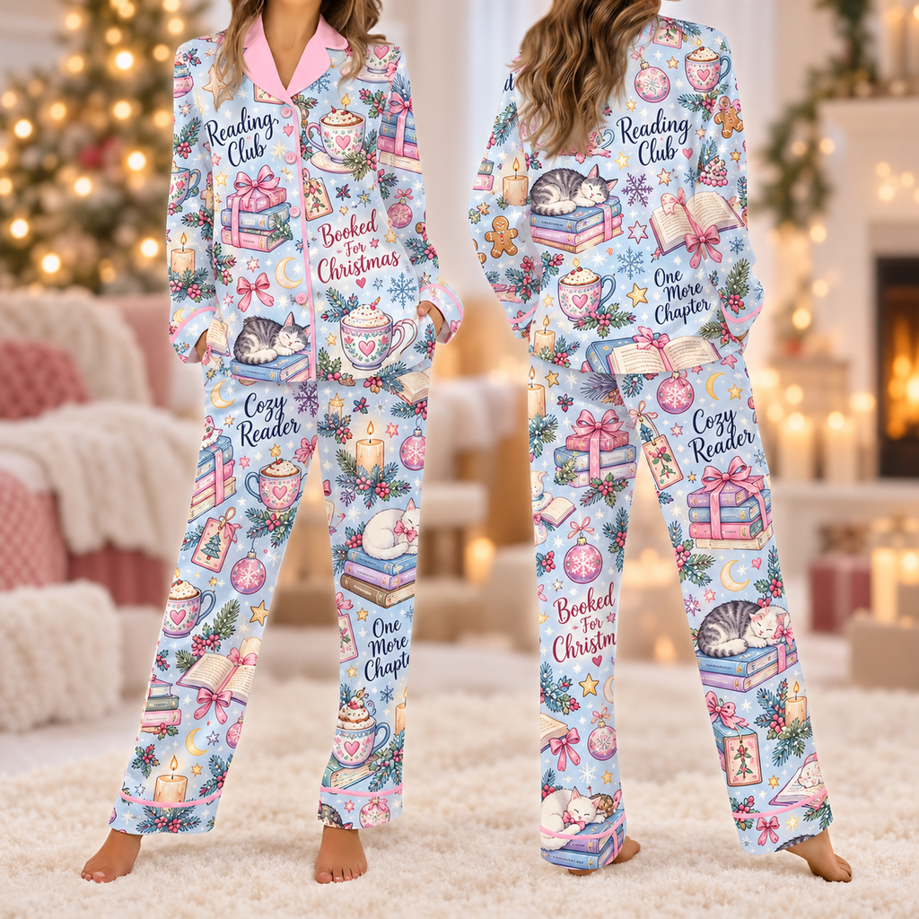 Cozy Book Lover Pajamas, Holiday Reading Club Satin Loungewear Set