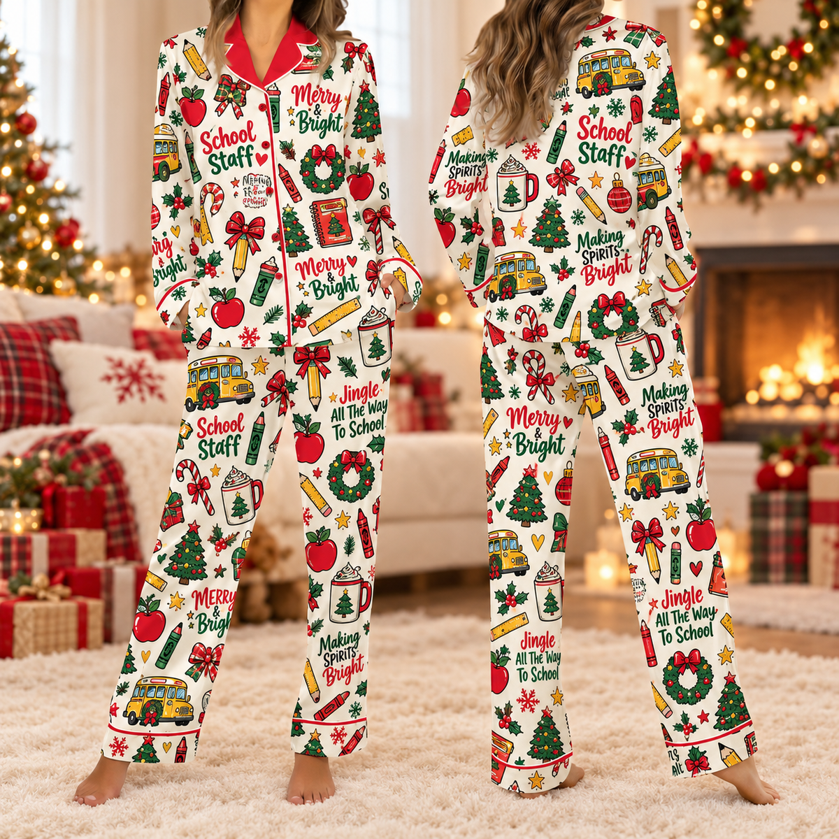 Cozy School Staff Christmas Pajamas, Pink Bow Holiday Satin Lounge Set
