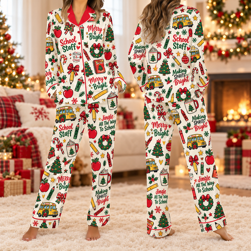 Cozy School Staff Christmas Pajamas, Pink Bow Holiday Satin Lounge Set