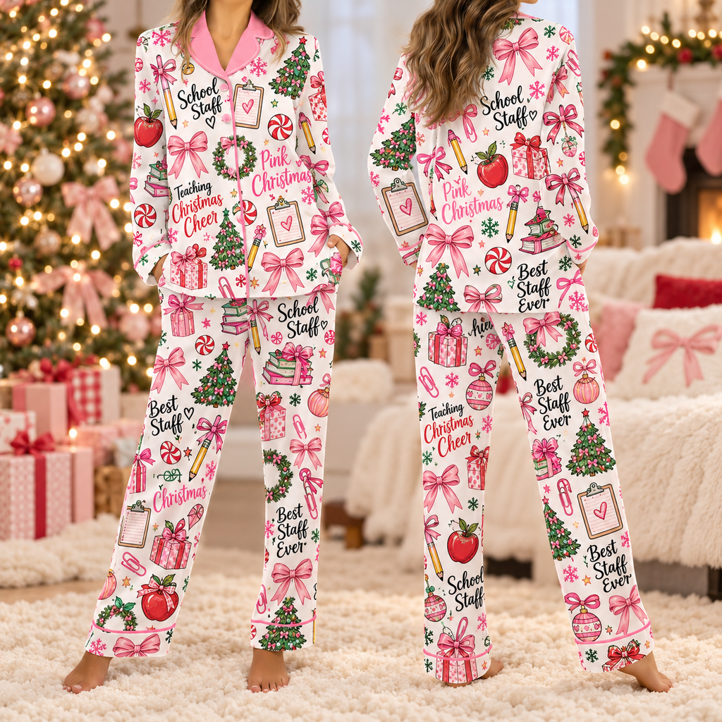 School Staff Christmas Pajama Set, Best Staff Ever Pink Satin Loungewear