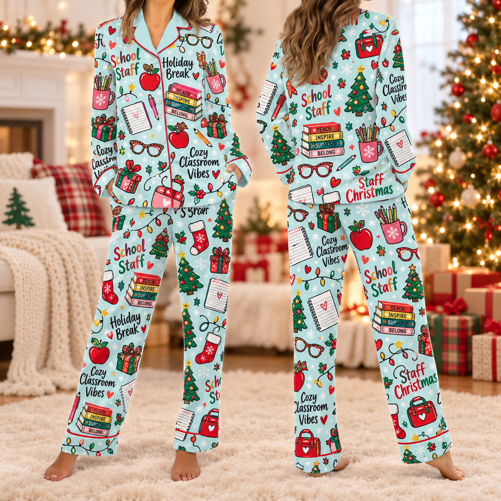 Cozy School Staff Holiday Pajamas, Festive School Staff Satin Loungewear