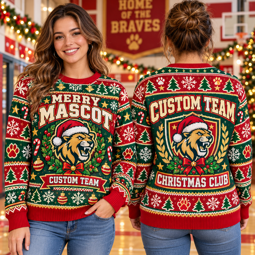 Personalized Team Name Mascot Ugly Christmas Sweater, School Spirit Party Wear