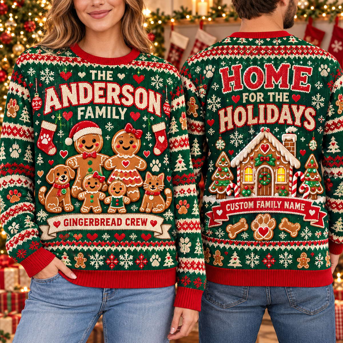 Custom Family Gingerbread Ugly Christmas Sweater, Matching Holiday Outfit