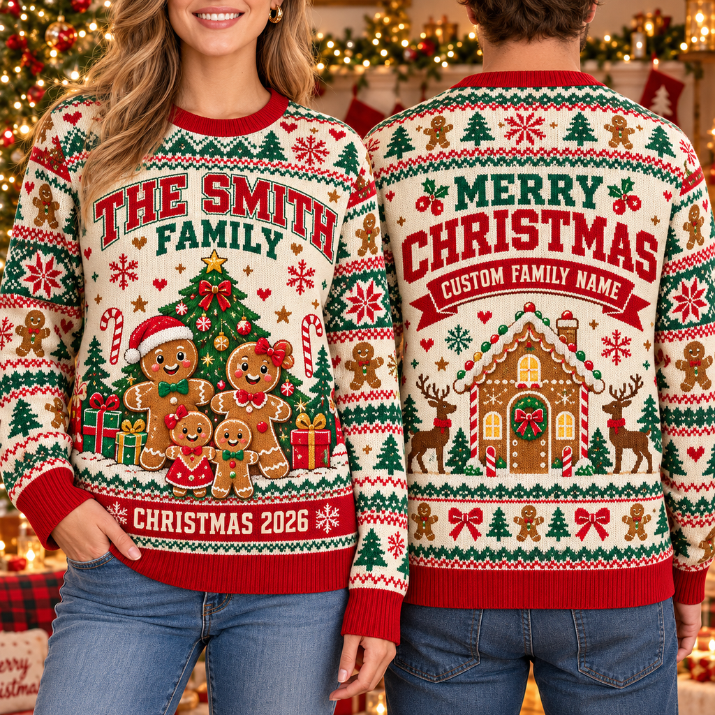 Personalized Family Gingerbread Ugly Christmas Sweater, Matching Holiday Outfit