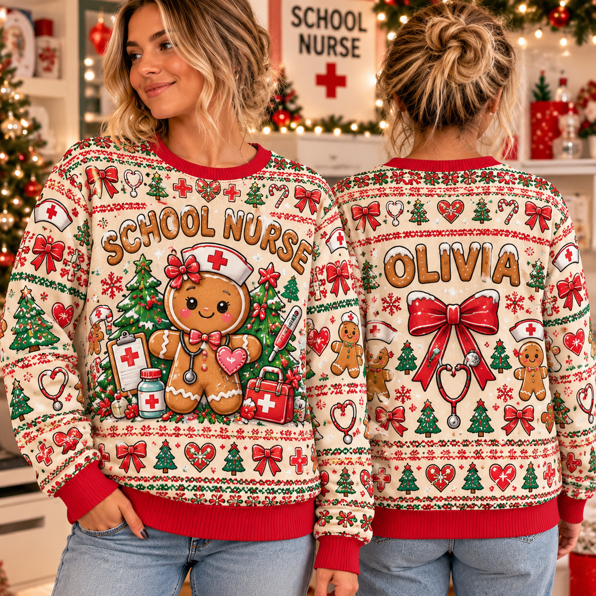 Personalized School Nurse Ugly Christmas Sweater, Cozy Staff Party Outfit