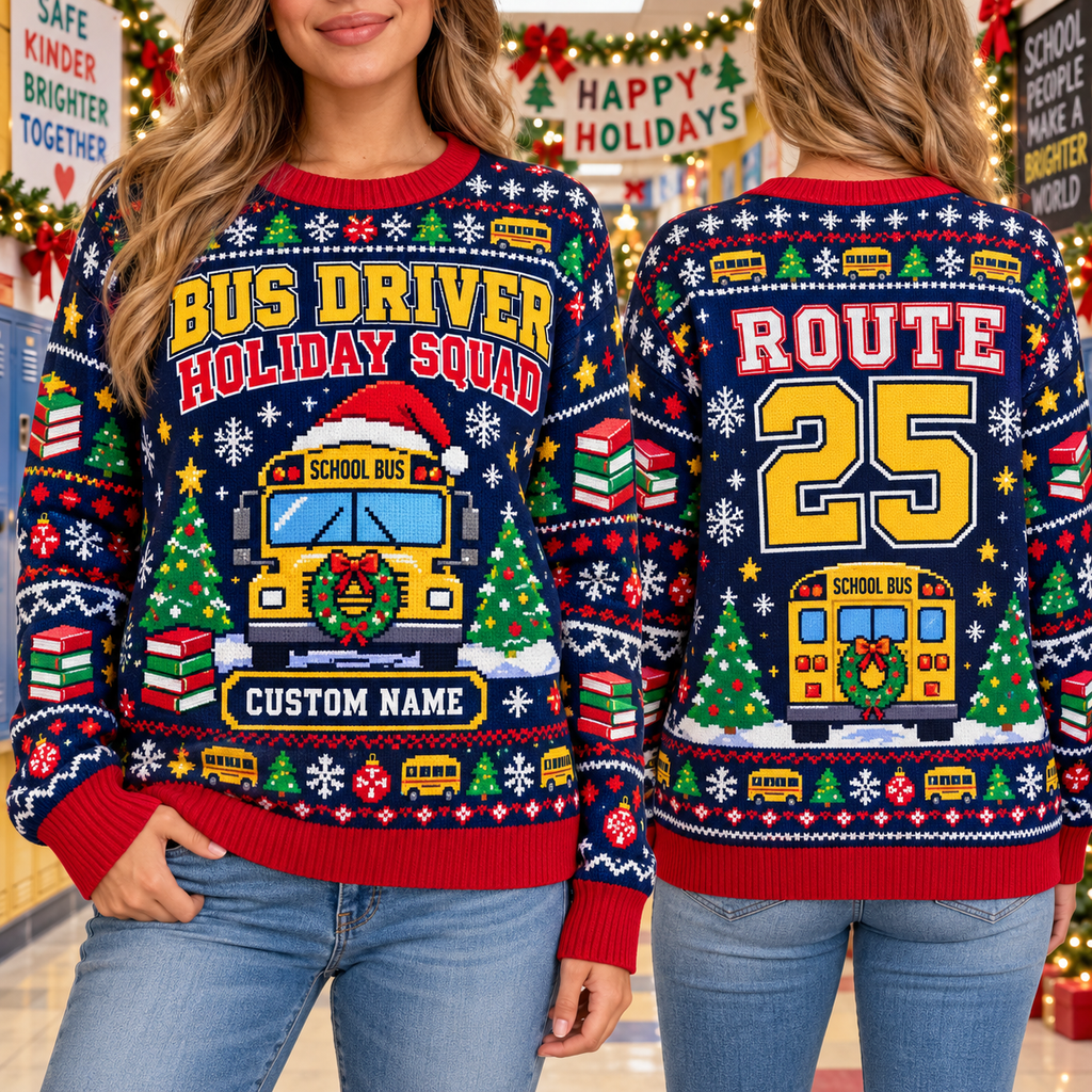 Custom Name & Route Bus Driver Ugly Christmas Sweater, Holiday Gift for Drivers