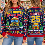 Custom Name & Route Bus Driver Ugly Christmas Sweater, Holiday Gift for Drivers