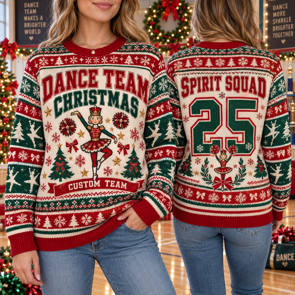 Custom Dance Team Name Ugly Christmas Sweater, Spirit Squad Party Wear