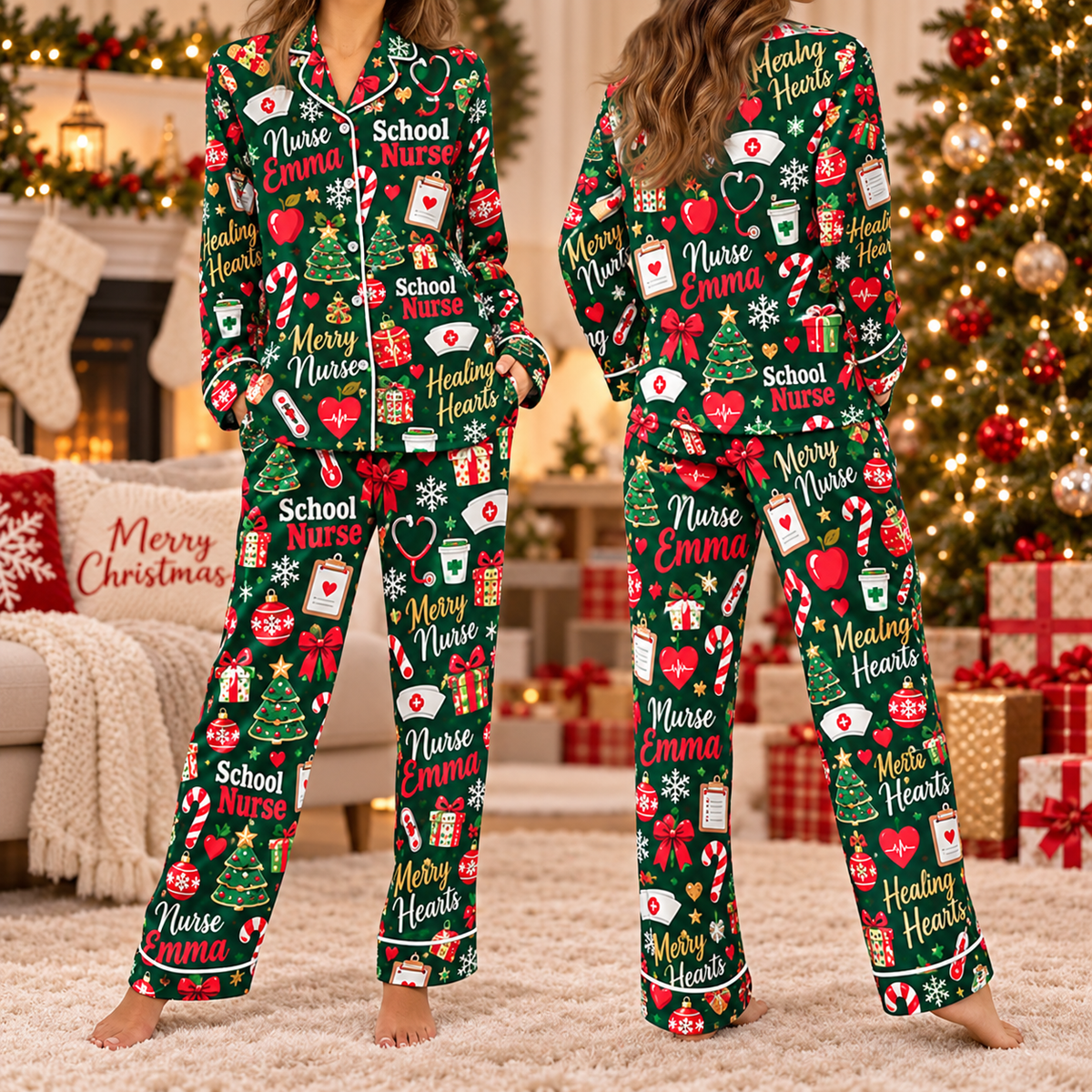 Personalized School Nurse Christmas Pajama Set, Custom Name Satin Loungewear