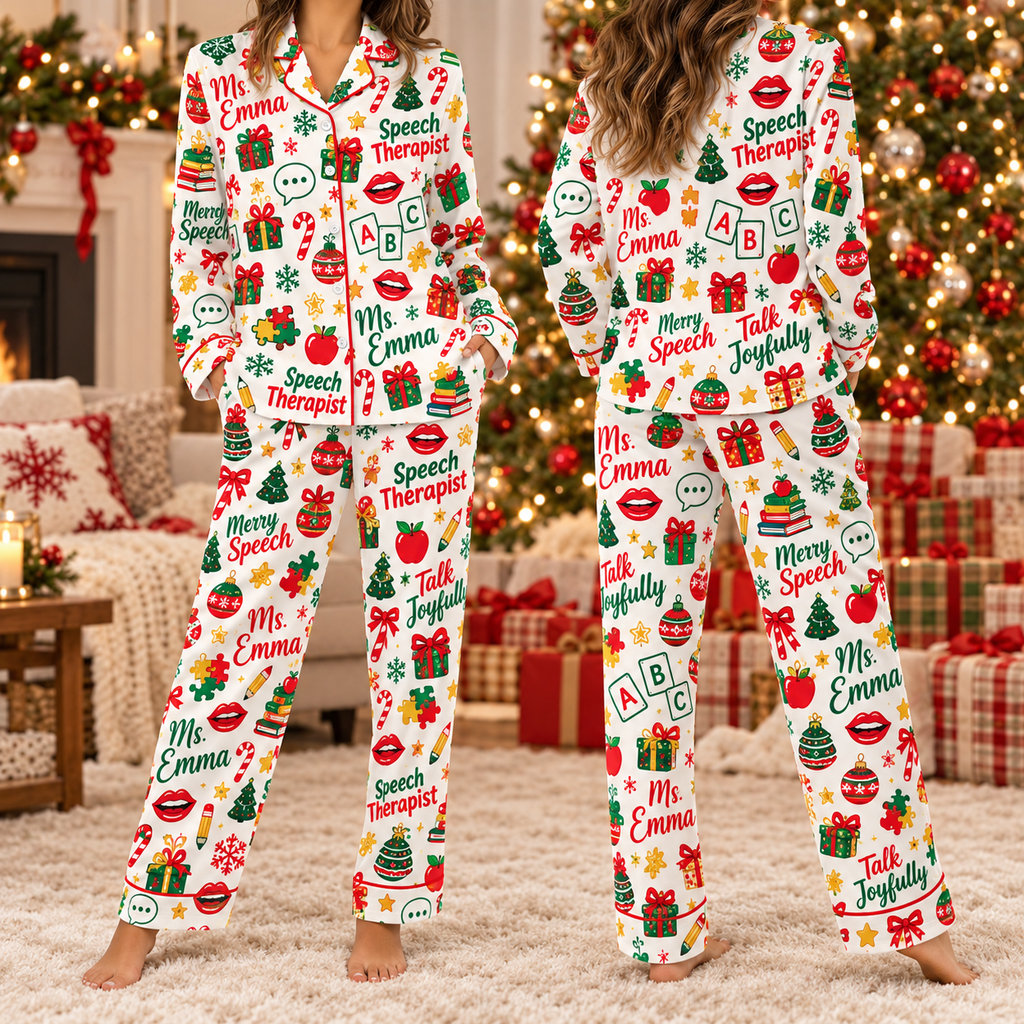 Personalized Speech Therapist Pajamas, Custom Name Holiday Satin Lounge Set
