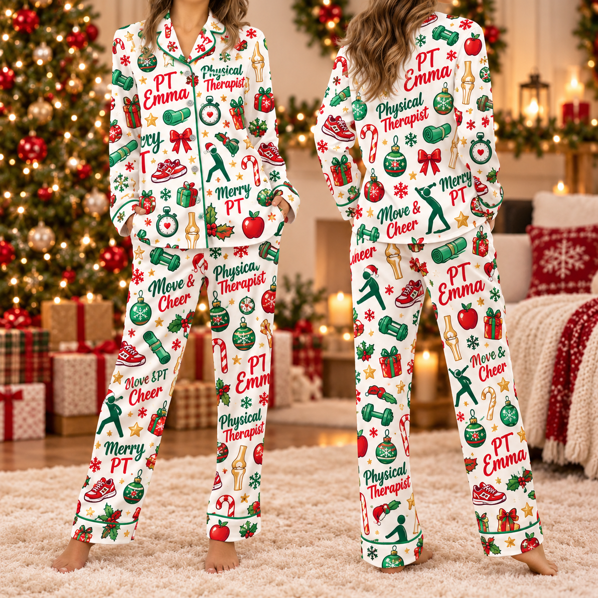 Physical Therapist Christmas Pajama Set, Custom Name Holiday Satin Loungewear