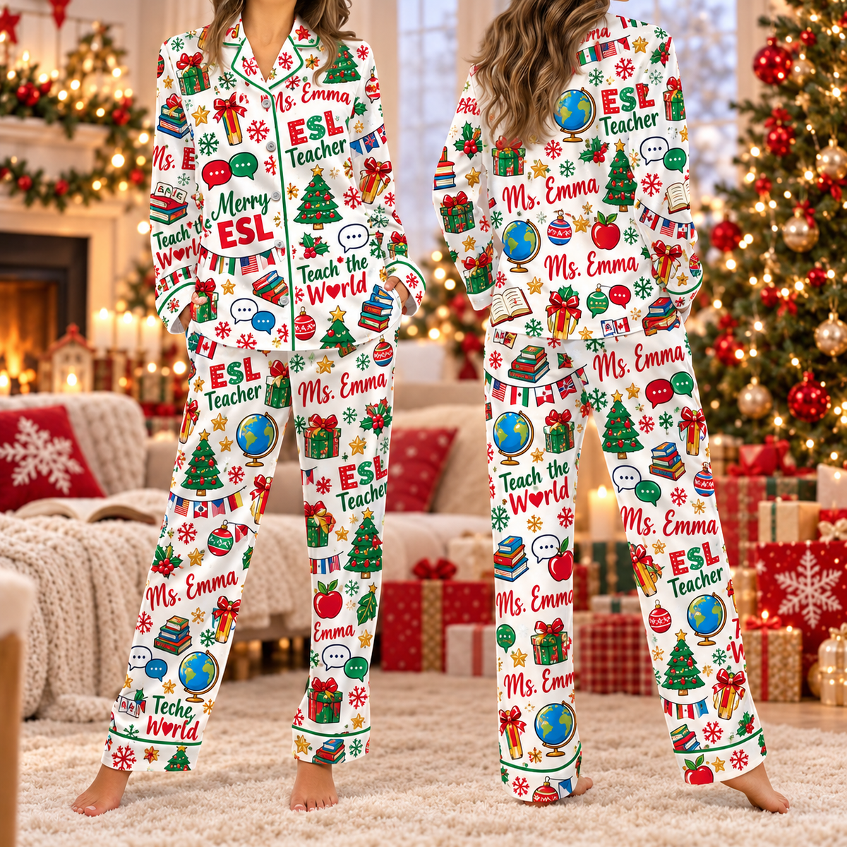 Personalized ESL Teacher Pajamas, Custom Name Holiday Satin Lounge Set