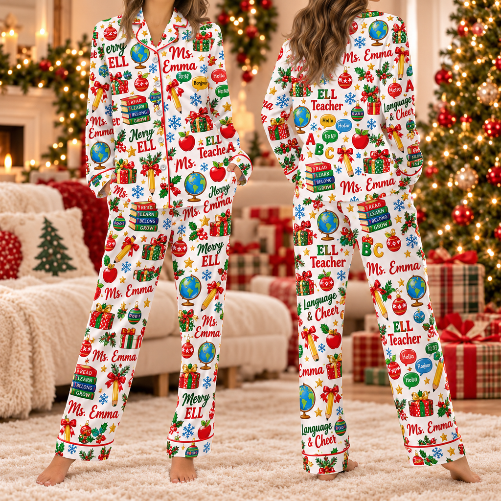 ELL Teacher Christmas Pajama Set, Custom Name Language Satin Loungewear