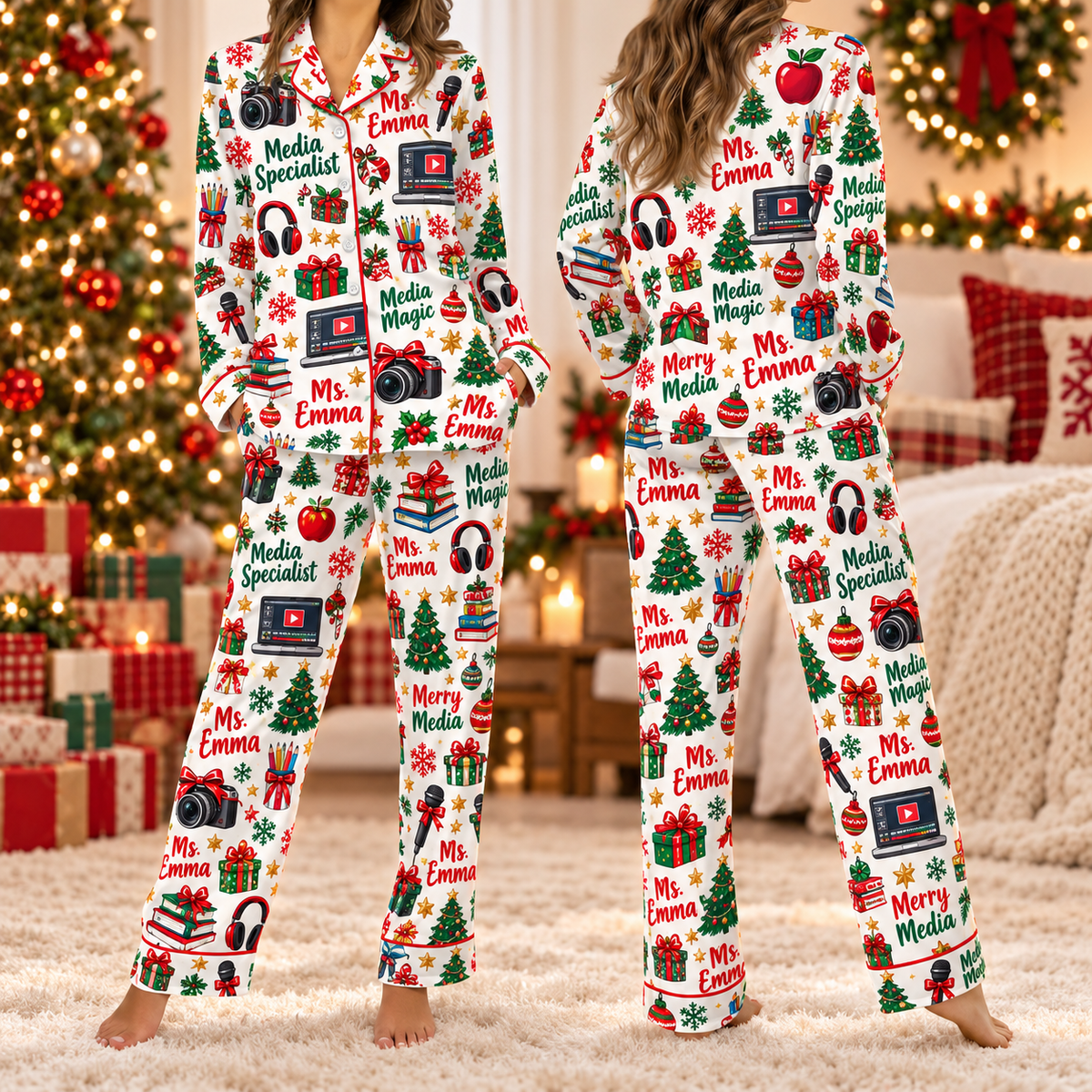 Personalized Media Specialist Pajamas, Custom Name Holiday Satin Lounge Set