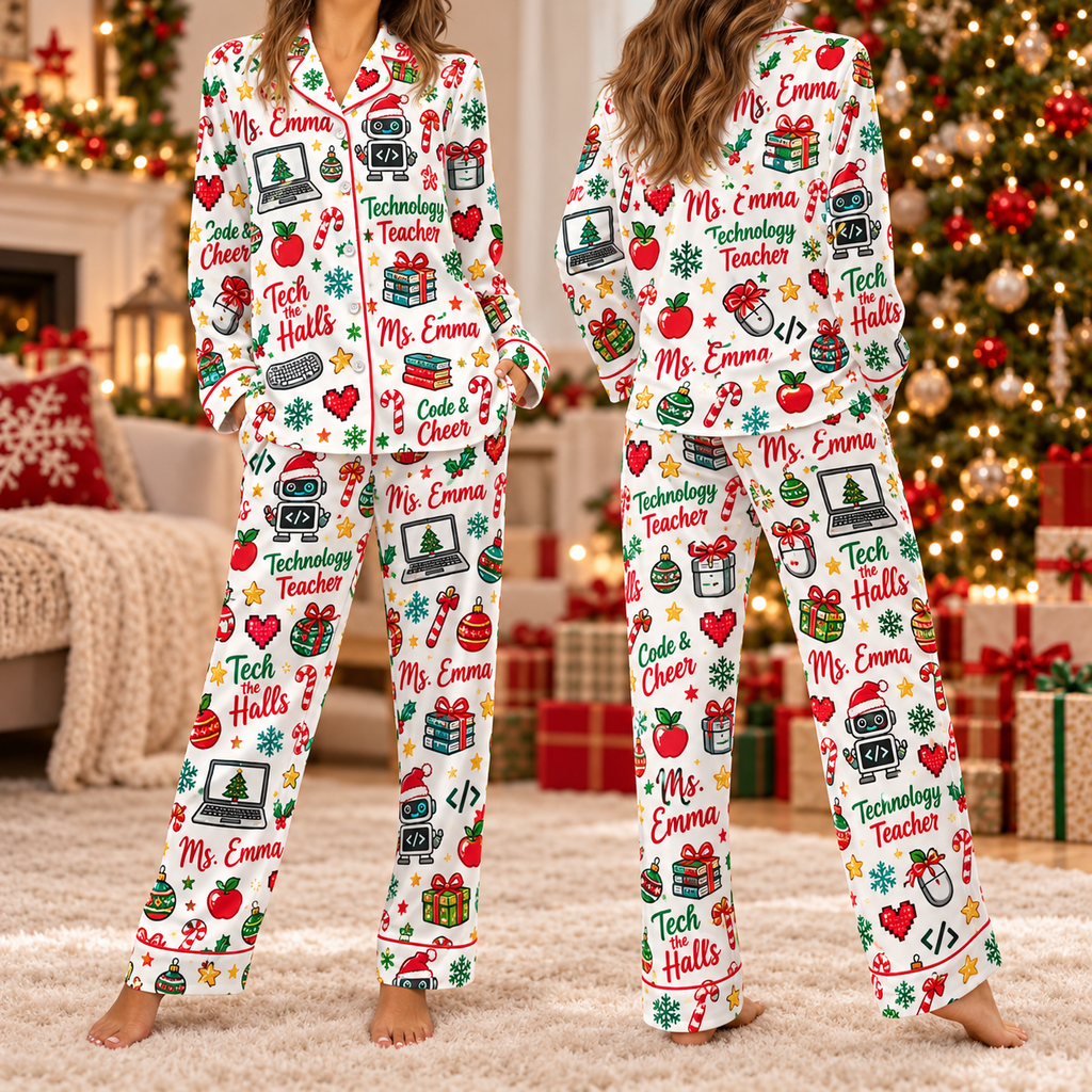 Personalized Tech Teacher Holiday Pajamas, Custom Name Satin Lounge Set