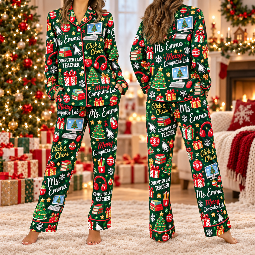 Personalized Computer Lab Teacher Pajamas, Custom Name Satin Lounge Set