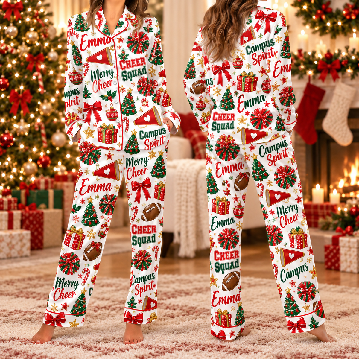 Personalized Cheer Squad Christmas Pajamas, Custom Name Satin Lounge Set