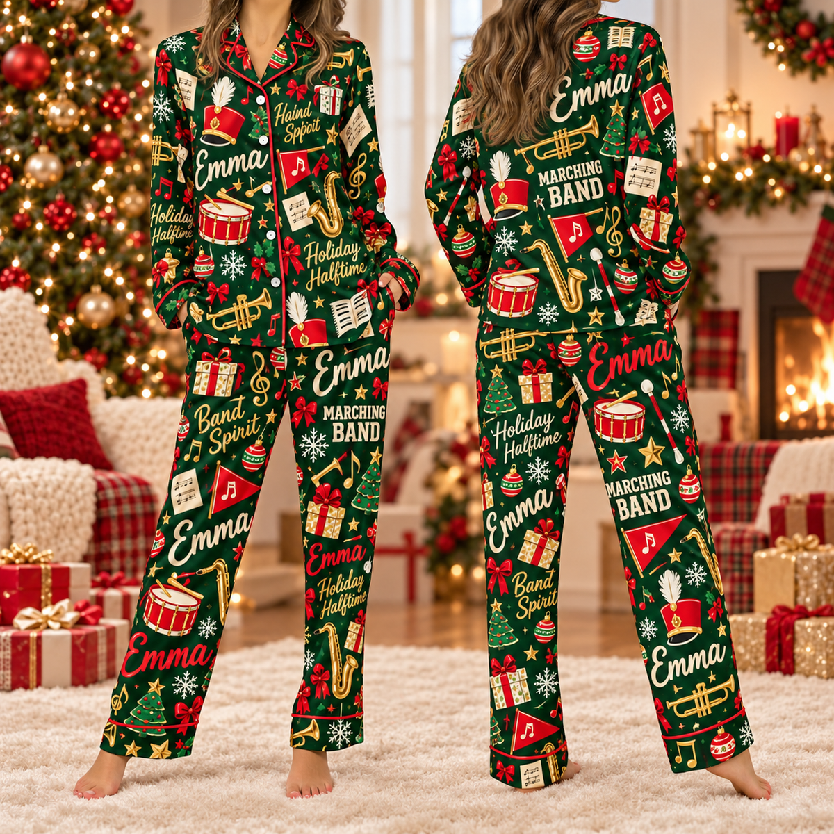 Cozy Marching Band Christmas Pajamas, Custom Name Holiday Satin Lounge Set