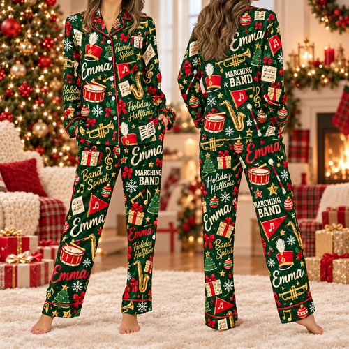 Cozy Marching Band Christmas Pajamas, Custom Name Holiday Satin Lounge Set