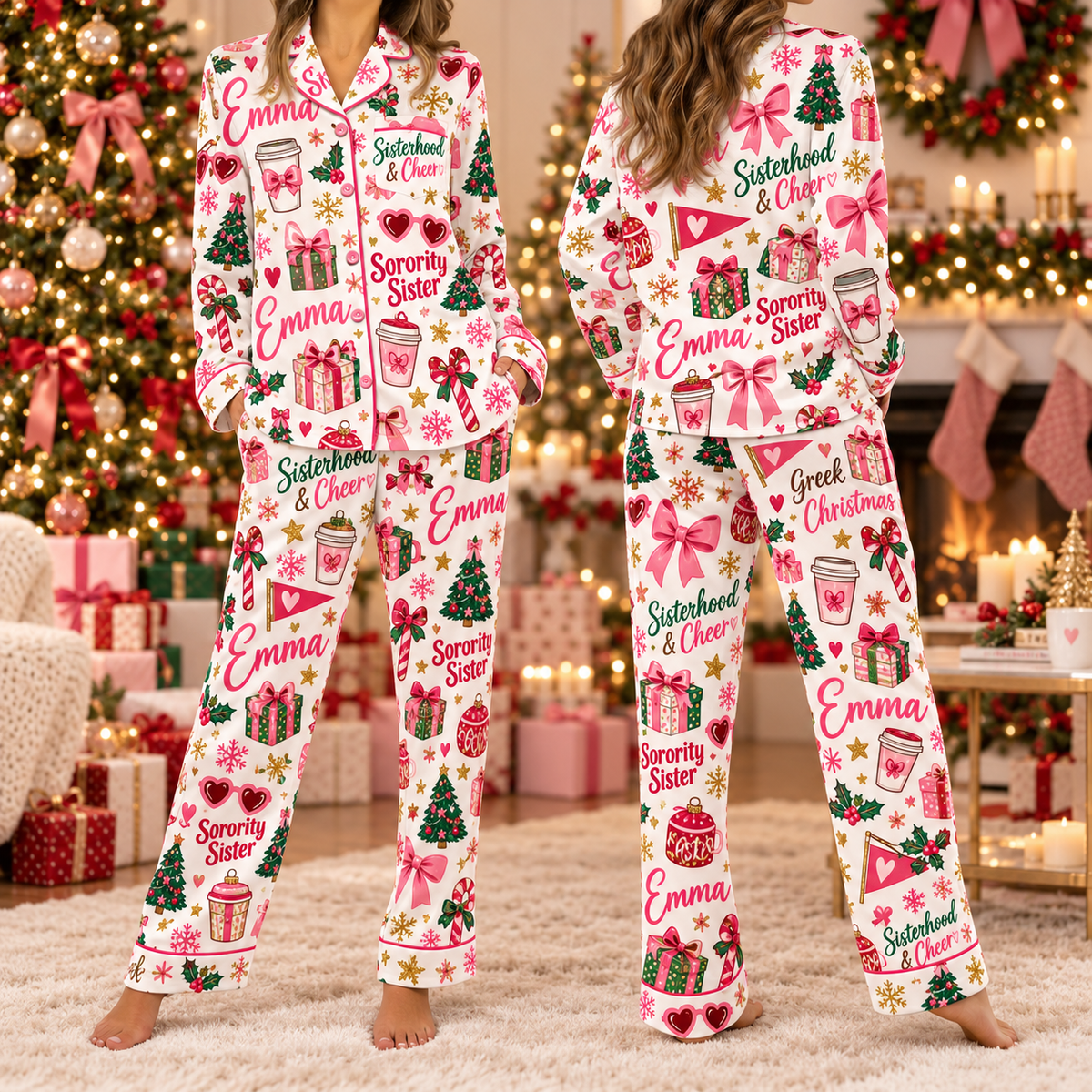 Personalized Sorority Sister Christmas Pajamas, Custom Satin Lounge Set