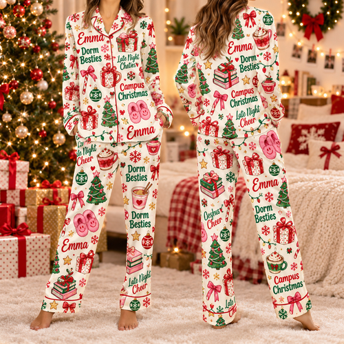 Campus Christmas Pajama Set, Custom Name Dorm Besties Satin Loungewear