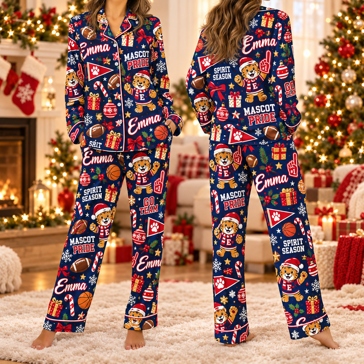 Personalized Mascot Football Christmas Pajamas, Satin Sleepwear for School Fans