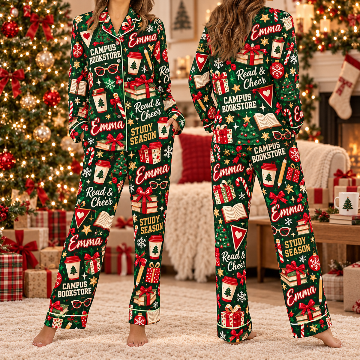 Personalized Campus Bookstore Christmas Pajamas, Satin Sleepwear for Book Lovers